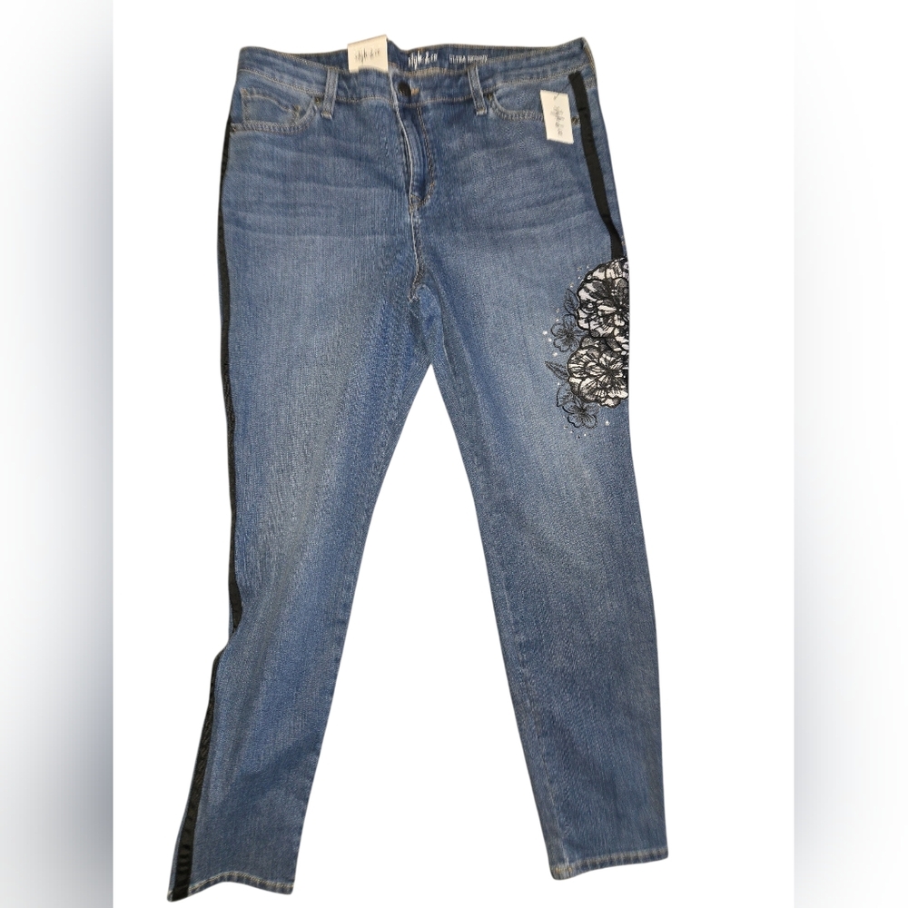 Style & Co Jeans US Womens Size 14  Skinny Floral Lace Patch Stripe Ankle NWT